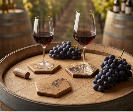 Hand-Engraved Acacia Hexagon Coaster Set – Vineyard Collection – Set of 4