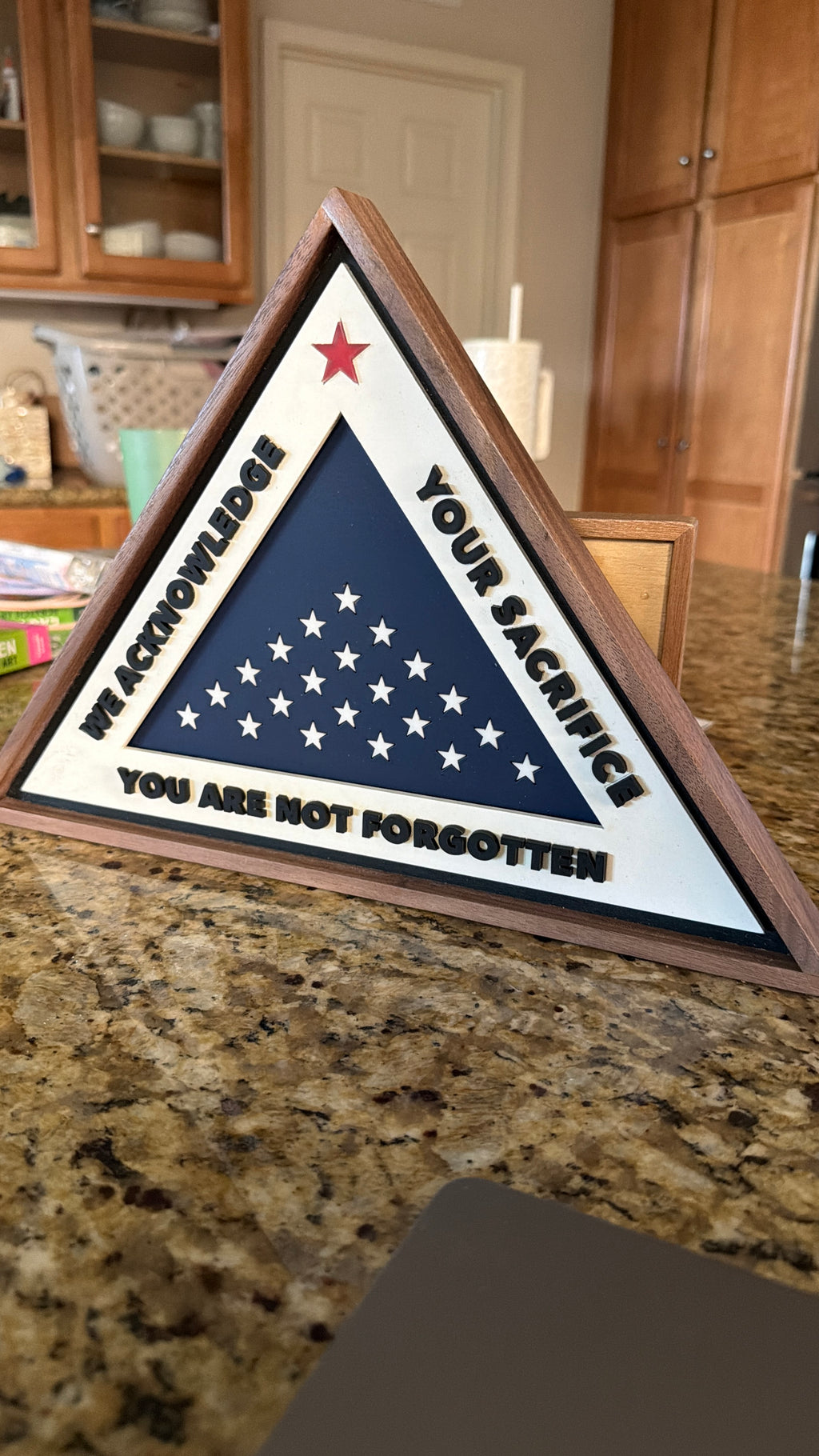 The "Folded Flag" Monument Plaque - Laser Cut and  Handcrafted Walnut & Acrylic Tribute