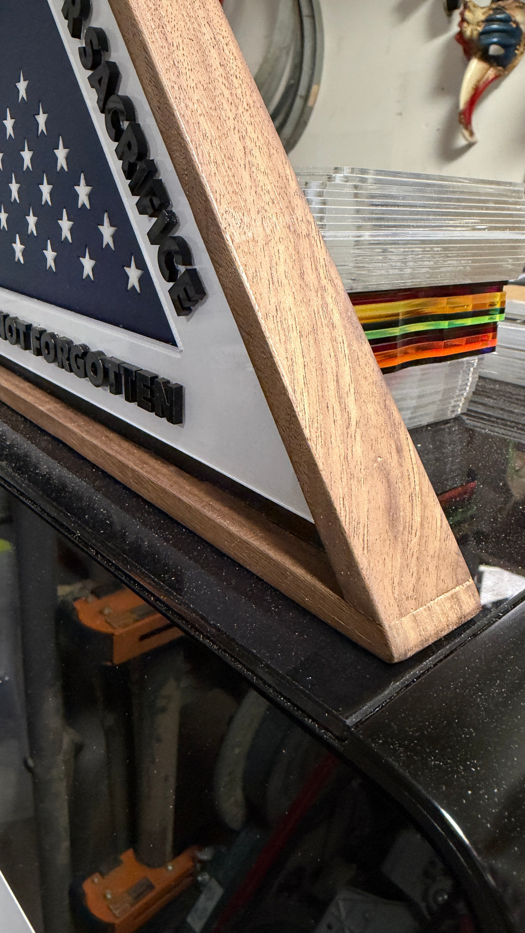 The "Folded Flag" Monument Plaque - Laser Cut and  Handcrafted Walnut & Acrylic Tribute