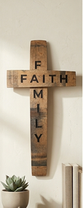 Reclaimed Wine Barrel "Faith & Family" Cross – Laser Engraved Handcrafted Oak Stave Wall Art