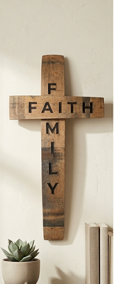 Natural oak reclaimed wine barrel Faith & Family cross