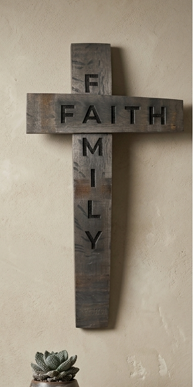 Dark Old World finish reclaimed wine barrel Faith & Family cross