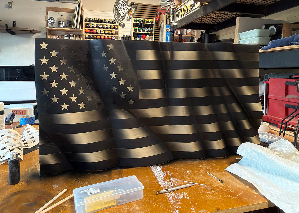 Spec-Ops wooden American flag with deep sculpted waves and subdued colors