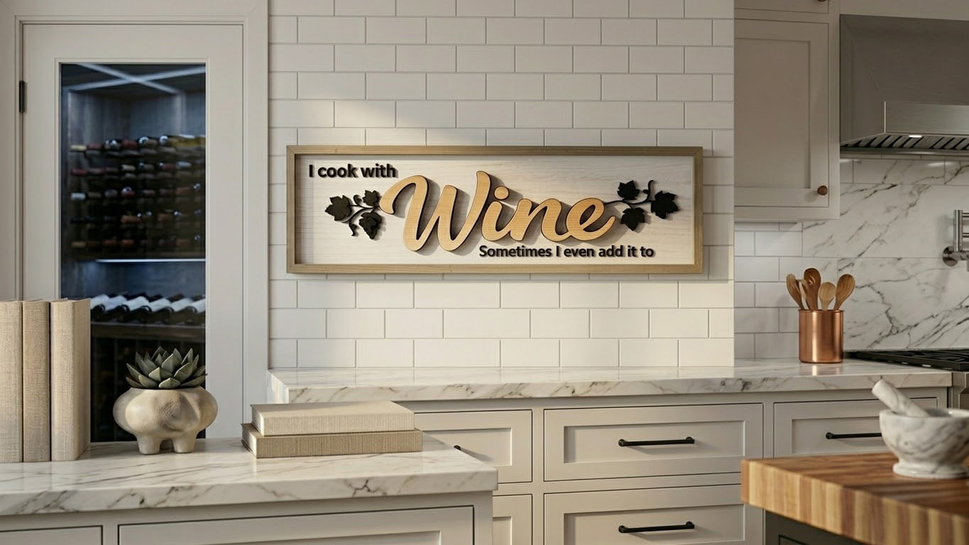 Laser Cut Layered Wood Kitchen Sign - "I Cook with Wine" Wall Art - Custom Framed Artisan Decor - Magnuson Studio