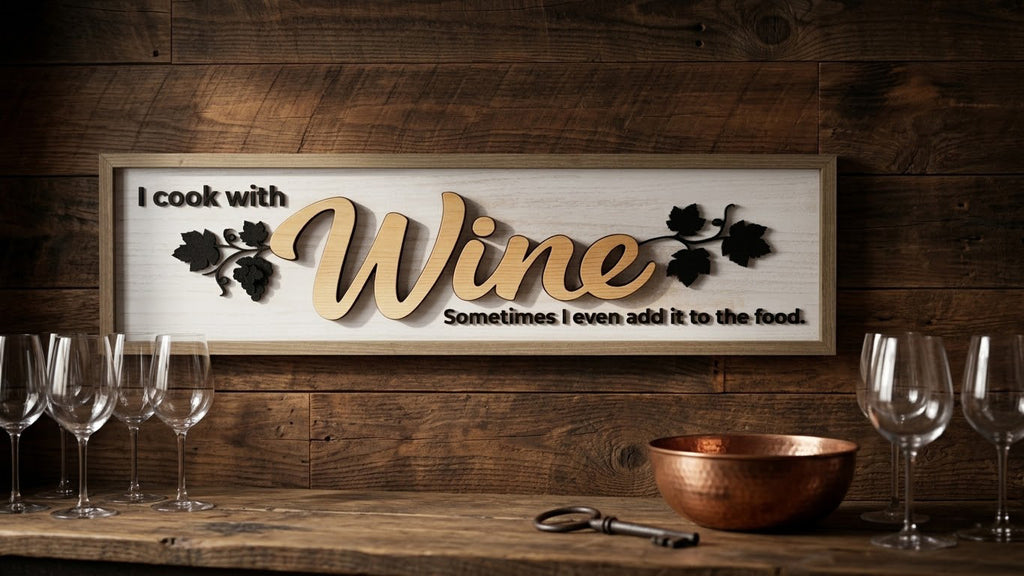 Laser Cut Layered Wood Kitchen Sign - "I Cook with Wine" Wall Art - Custom Framed Artisan Decor - Magnuson Studio