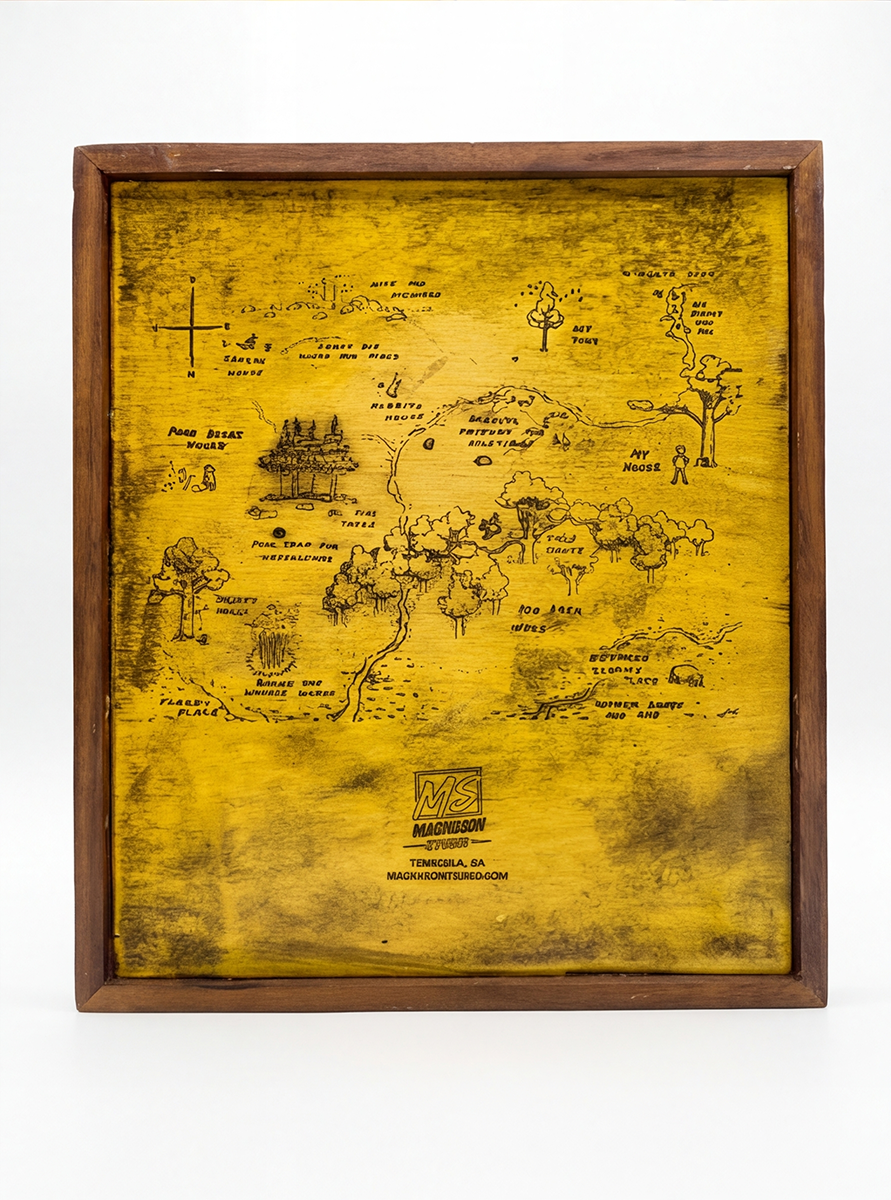 Golden Hundred Acre Wood-style map with Magnuson Studio branding