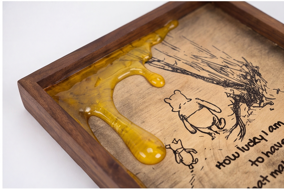 Close-up of glossy amber honey-drip details on the framed artwork